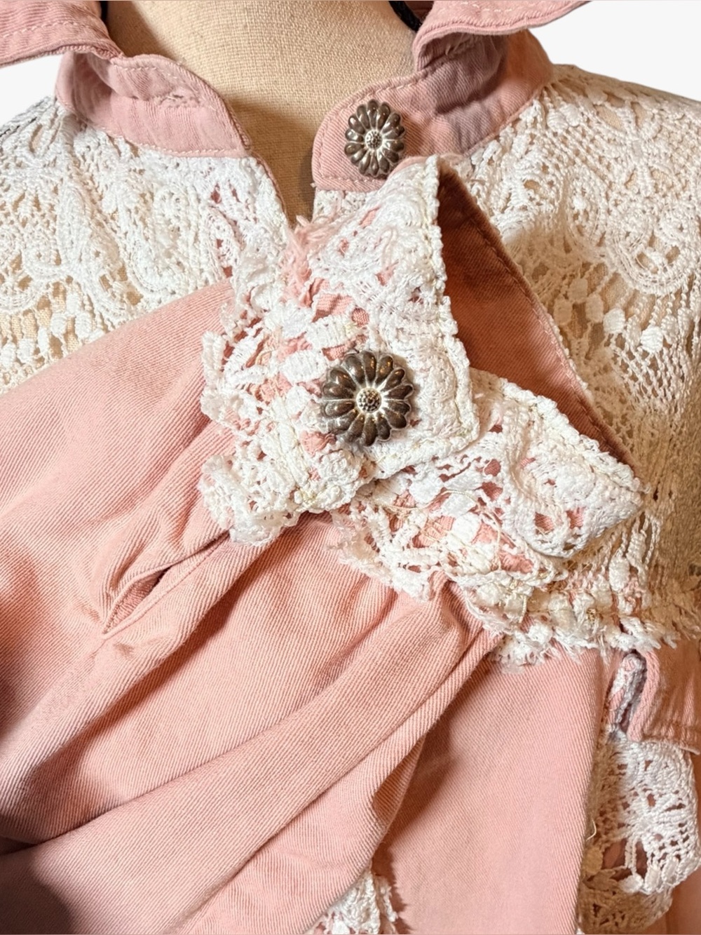 POL Clothing Boho Mixed Lace Patchwork Denim Shacket Pink Size Large - Picture 8 of 12
